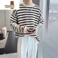 YANXU秋季复古镂空撞色条纹针织衫男设计感韩版慵懒风网红感打底衫