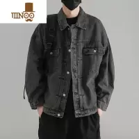 YANXU美式复古牛仔外套男新款潮牌翻领上衣宽松休闲水洗做旧夹克