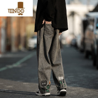 YANXU直筒牛仔裤男日系复古高街美式潮牌痞帅宽松水洗做旧九分裤子