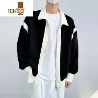 YANXU双拉链夹克外套男长袖休闲宽松痞帅潮牌拼色翻领针织开衫春