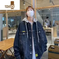 YANXU深蓝色牛仔外套男夏季薄款美式复古oversize假连帽牛仔衣夹克