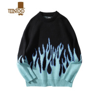 YANXU国潮街头男女同款OVSIZE宽松蓝色火焰针织毛衣ins情侣装上衣秋