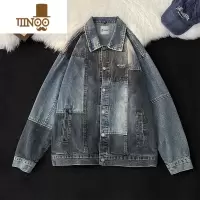 YANXU美式复古拼接潮牌工装外套男街头嘻哈设计感水洗情侣牛仔夹克男款