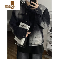 YANXU痞帅复古宽松夹克潮牌小众设计感毛边牛仔外套男水洗渐变ins高街