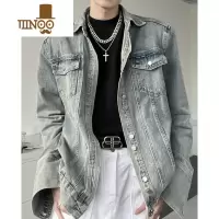YANXU美式高街Vibe风复古蓝翻领纽扣牛仔外套男欧美潮牌夹克情侣外套男