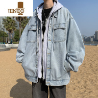 YANXU假拼接连帽牛仔夹克男潮牌美式街头宽松百搭情侣休闲工装外套