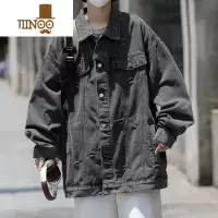 YANXU黑灰色破洞牛仔外套男秋季高街美式复古潮牌宽松男生翻领休闲夹克