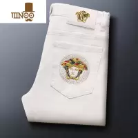 YANXU高端轻奢刺绣白色牛仔裤男潮牌修身小直筒弹力薄款小脚潮流