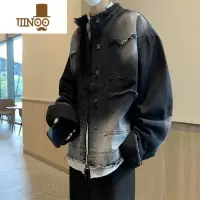YANXU美式痞帅毛边设计感牛仔外套男款水洗做旧渐变色复古秋款工装夹克