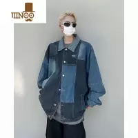 YANXU设计感黑蓝拼接牛仔外套男士痞帅欧美风街头水洗翻领夹克上衣
