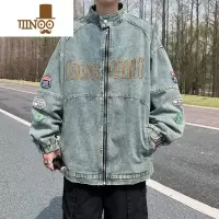 YANXU美式复古机车风牛仔外套男潮牌重工刺绣开衫拉链立领夹克情侣上衣