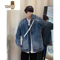 YANXU美式复古水洗牛仔外套男高街痞帅宽松潮牌破洞工装棒球服夹克