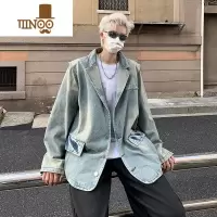 YANXU牛仔外套男款美式复古高街潮牌水洗做旧痞帅宽松西装领夹克