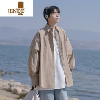 YANXU日系复古长袖衬衫男夏季宽松休闲卡其色衬衣百搭潮流痞帅高街外套