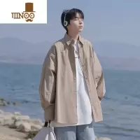 YANXU日系复古长袖衬衫男夏季宽松休闲卡其色衬衣百搭潮流痞帅高街外套