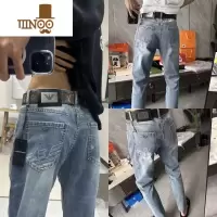 YANXU夏季薄款刺绣印花牛仔裤男潮流小脚裤网红同款韩版修身长裤男