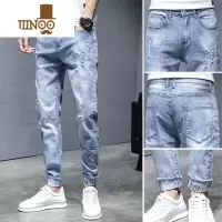 YANXU牛仔裤男士夏季薄款潮牌破洞2023新款修身直筒休闲九分裤子男
