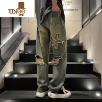 YANXU夏季破洞做旧牛仔裤子男款美式复古宽松百搭直筒裤高街痞帅阔腿裤