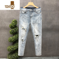 YANXU高端破洞修身牛仔裤男夏季水洗蓝色九分裤男士痞帅小脚裤