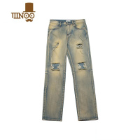 YANXU黄泥水洗做旧膝盖破洞牛仔裤男女高街美式vibe风直筒修身百搭长裤