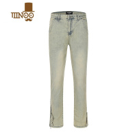 YANXUWoos美式黄泥染侧边排扣拉链直筒牛仔裤男高街修身显瘦休闲裤