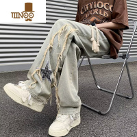 YANXU美式国潮刺绣牛仔裤男夏季美式复古宽松阔腿直筒拖地潮牌vibe裤子