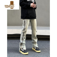 YANXU排扣牛仔裤侧拉链男vibe风高街美式直筒水洗开叉长裤女做旧宽松