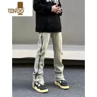 YANXU排扣牛仔裤侧拉链男vibe风高街美式直筒水洗开叉长裤女做旧宽松