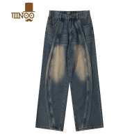 YANXUNGZQ 美式感拼接牛仔裤男宽松高街潮牌垂感直筒裤长裤