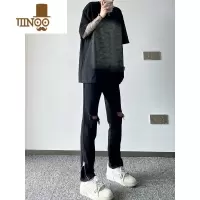 YANXU美式潮牌黑色破洞牛仔裤男网红痞帅高街拉链设计感宽松显瘦直筒裤
