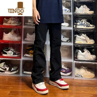 YANXU美式高街头黑色基础款复古水洗微喇牛仔裤修身显瘦直筒长裤子男女