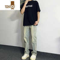 YANXU美式黄泥牛仔裤男款夏季直筒窄版微喇裤水洗做旧高街宽松vibe裤子