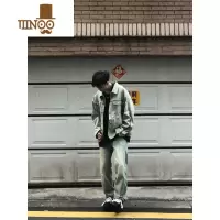 YANXU美式Vibe风黄泥做旧水洗翻领牛仔外套男女款拉链潮牌复古褂衣