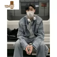 YANXU毛边立领牛仔外套男韩系渐变夹克潮牌水洗做旧休闲外搭上衣