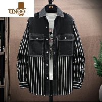 YANXU条纹牛仔外套男士潮牌工装宽松夹克中学生潮流黑色长袖衬衫