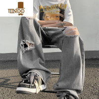 YANXU美式街头嘻哈破洞牛仔裤男夏季潮牌宽松水洗做旧黑灰色阔腿长裤子