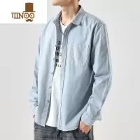 YANXU蓝色衬衫男士日系时尚纯色工装外套初秋男生休闲尖领长袖衬衣