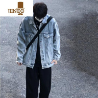 YANXU美式复古蓝牛仔外套潮牌男痞帅宽松新款潮流工装夹克情侣装