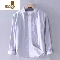 YANXU日系小立领复古牛津纺长袖衬衫男装休闲圆领上衣无领衬衣