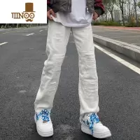 YANXU欧美vibe风直筒显瘦毛边破洞牛仔裤男ins潮牌高街黑色微喇叭长裤