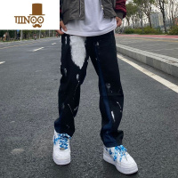 YANXU欧美vibe风黑色直筒宽松牛仔裤男ins潮牌嘻哈拼接痞帅高街长裤子