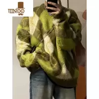 YANXUMD菠萝绿色撞色菱形格子针织衫男韩版宽松套头圆领慵懒风加厚毛衣