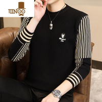 YANXU圆领刺绣毛衣男士潮牌个性长袖条纹针织衫男装时尚拼接打底衫