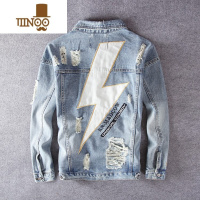 YANXU新款破洞牛仔外套男复古刺绣印花潮牌宽松百搭休闲工装夹克男