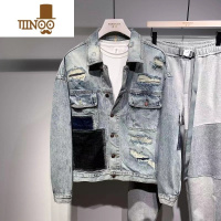 YANXU男生外套潮牌街头拼色破洞牛仔夹克男春季个性水洗做旧男士外套男