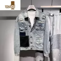 YANXU男生外套潮牌街头拼色破洞牛仔夹克男春季个性水洗做旧男士外套男