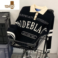 YANXU美式复古炸街感polo领毛衣男女宽松慵懒风字母撞色针织衫