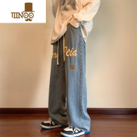 YANXU高街美式发泡字母牛仔裤男新款街头hiphop宽松直筒阔腿长裤子