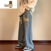 YANXU高街美式发泡字母牛仔裤男新款街头hiphop宽松直筒阔腿长裤子