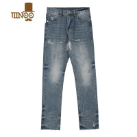 YANXU欧美复古水洗蓝色磨破毛边直筒牛仔裤潮牌高街裤子男显瘦坠感长裤